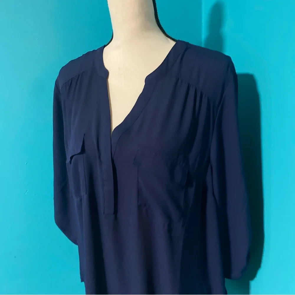 [E] Torrid 1X Solid Navy Blue Harper Georgette Pullover 3/4 Sleeve Blouse - Picture 3 of 6